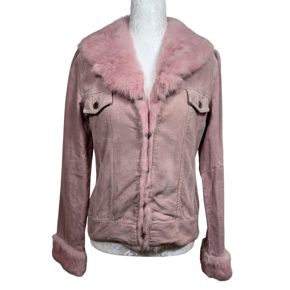 Beiza Pink Faux Fur Trim Hook & Eye Chest Pockets Corduroy Jacket Womens Medium